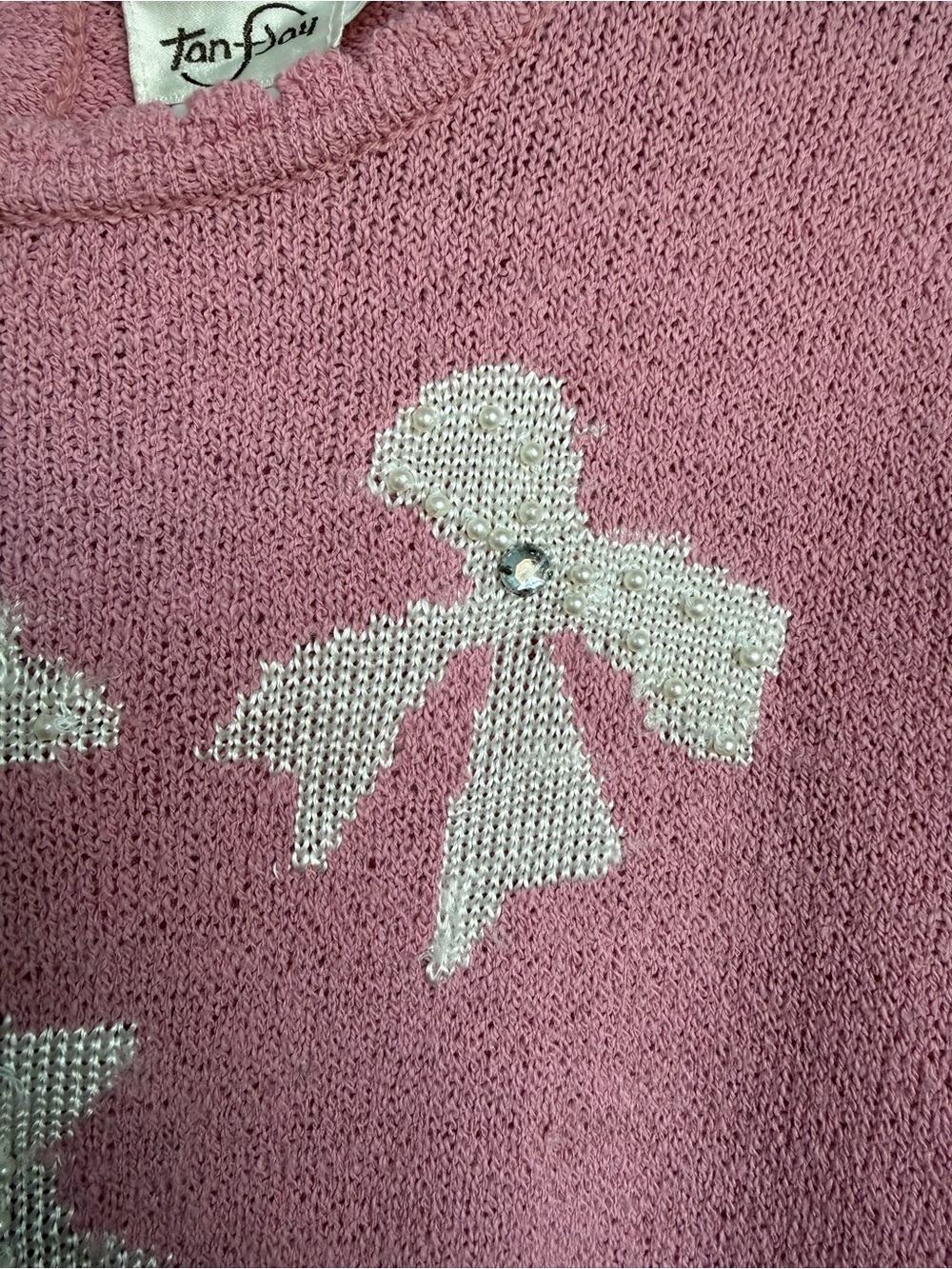 TanJay Vintage Pink Bow Knit Sweater Coquette Pearl Cottagecore Sz L AS IS - Picture 4 of 13